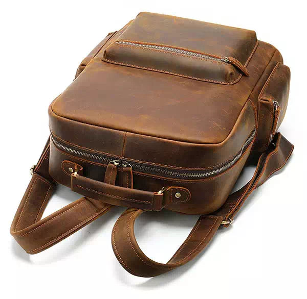 Vintage fashion men's leather backpack crafted from Crazy Horse leather