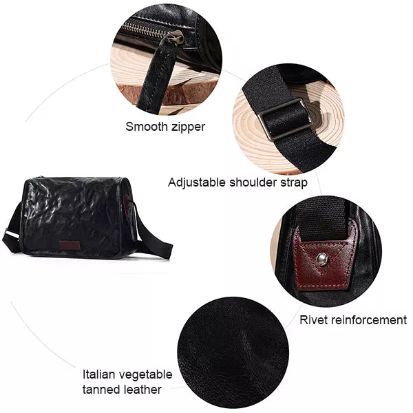 Stylish black vegetable-tanned leather crossbody bag