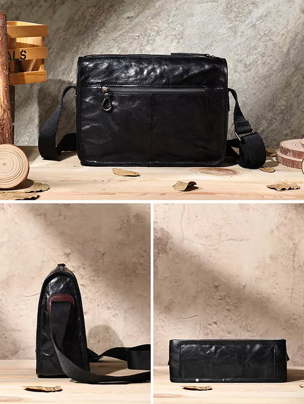 Fashion-forward black leather crossbody bag with vegetable-tanned texture