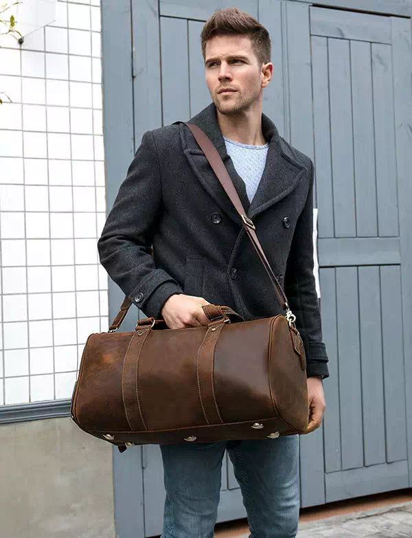 Rugged vintage Crazy Horse leather travel duffle