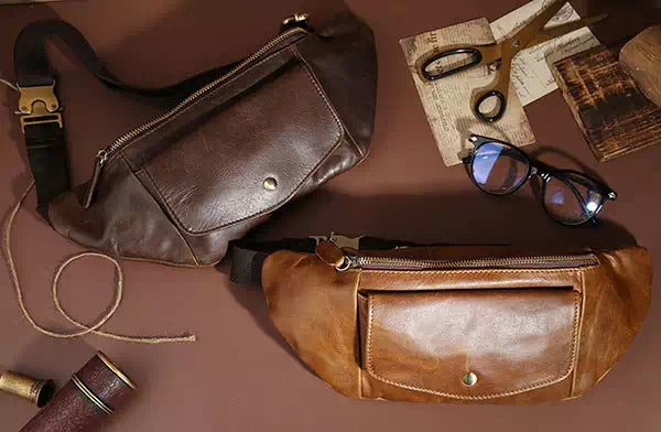 Rugged men's vintage brown leather chest bag