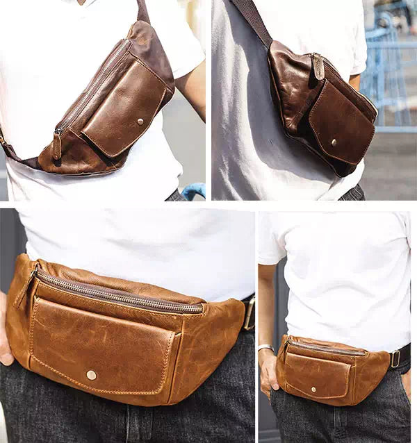 Timeless brown leather fanny pack for him with high quality