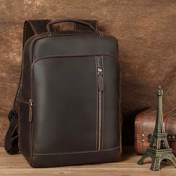Men's rugged backpack in dark brown Crazy Horse leather
