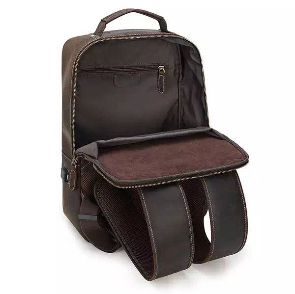 Men's dark brown leather backpack with Crazy Horse finish