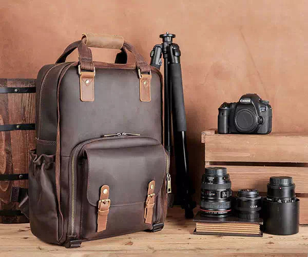 Crazy Horse leather camera travel backpack for him