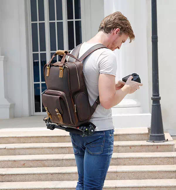 men's leather camera backpack