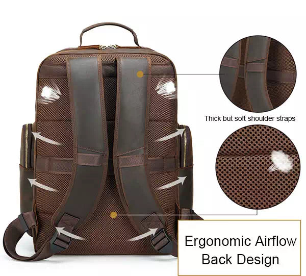 Men's leather backpack for extended travel journeys