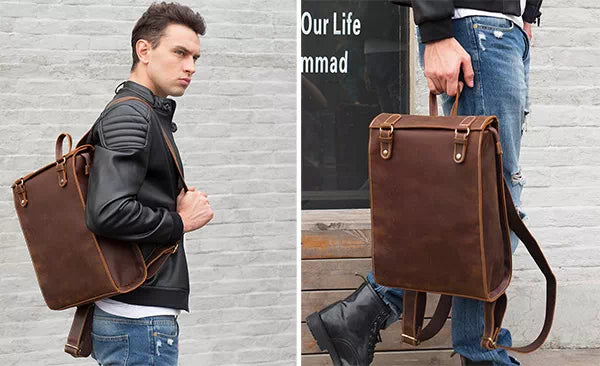 Men's vintage leather backpack with a distinctive design