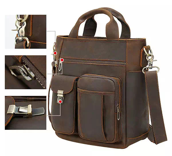 Brown men's vintage leather crossbody handbag