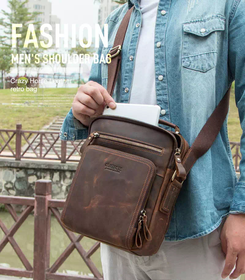 Fashionable brown Crazy Horse leather crossbody bag for men