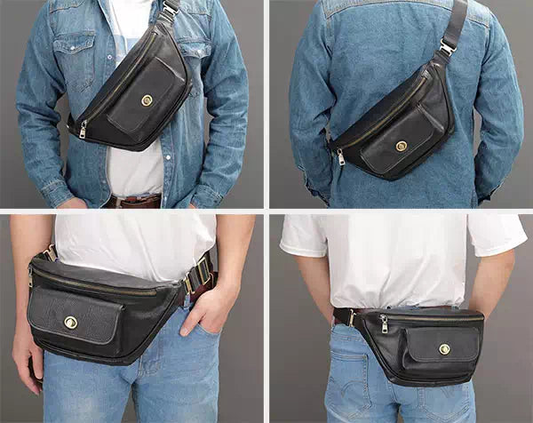 Classic black leather fanny pack with adjustable crossbody strap for men
