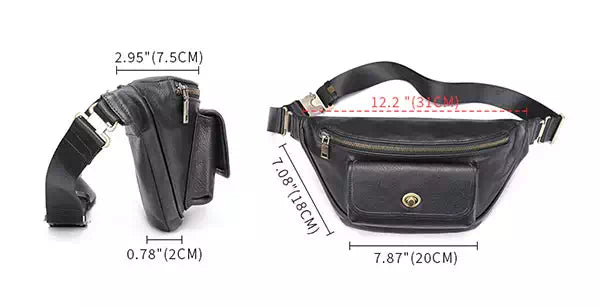 Classic men's black leather waist pouch with crossbody strap