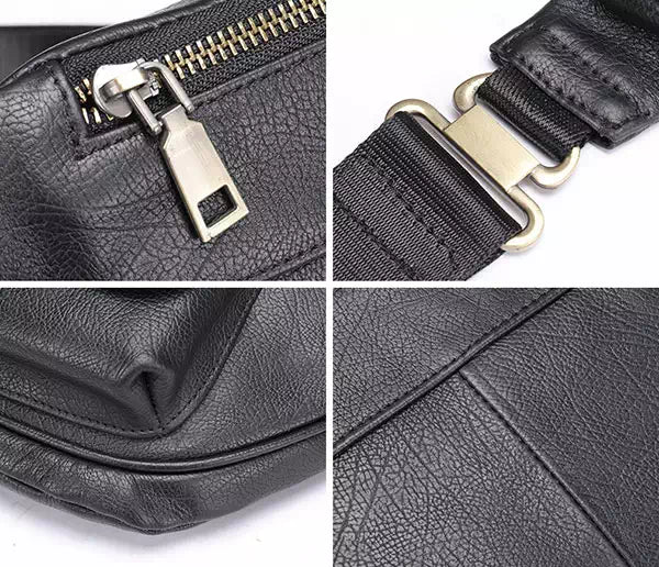 Retro men's black leather chest bag with crossbody design