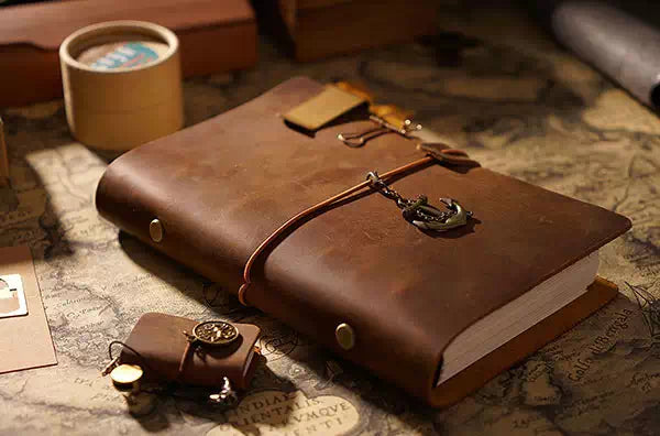 A5 size aged leather-bound diary with vintage charm