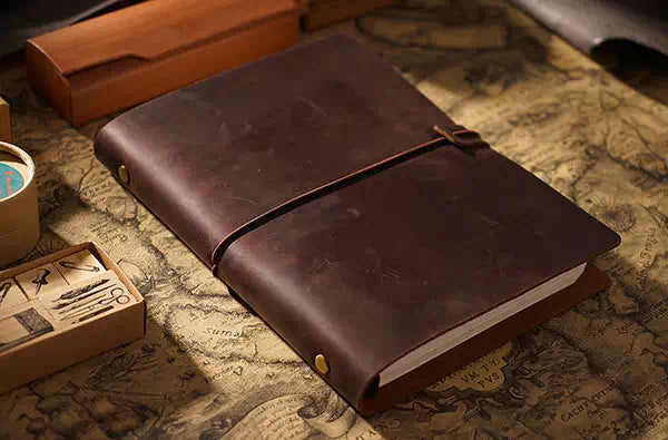 A5 size distressed leather notebook in vintage style