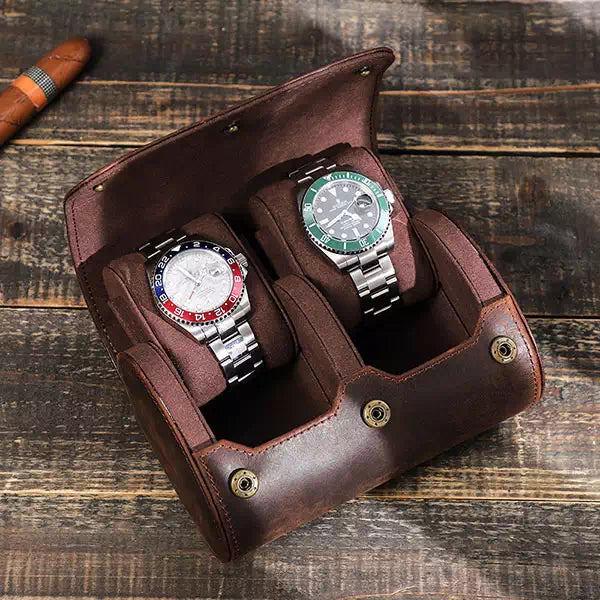 Classic leather watch roll-up travel case