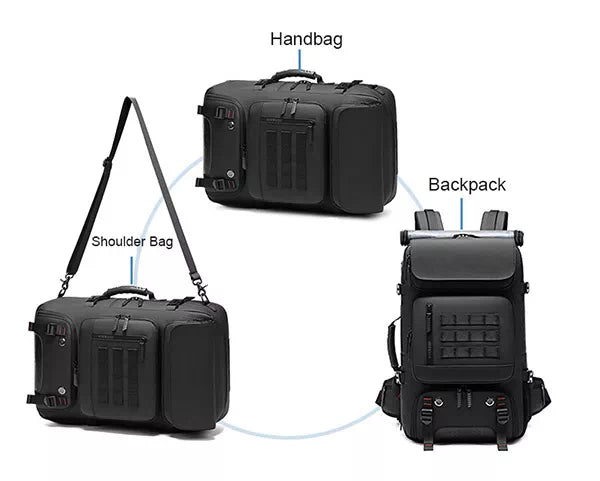 "Black travel backpack with expandable feature and charging port