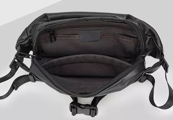 Black leather sling bag with multiple compartments