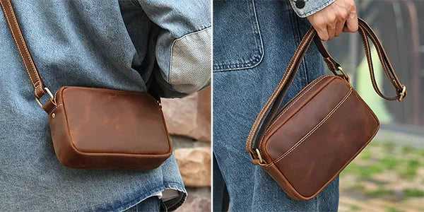 Small and stylish leather messenger bag with crossbody strap