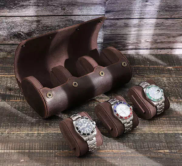 Luxurious vintage watch roll travel case made from genuine leather