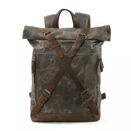 Men's Waxed Canvas Backpack Bag Mixed Leather Rucksack - Celadon