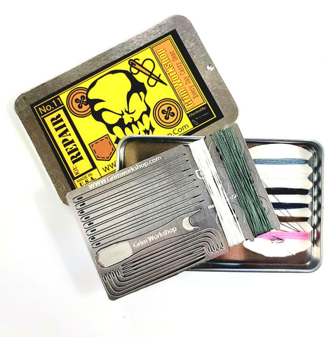Grim's sewing card includes a small survival sewing kit. Multiple Survival Sewing Cards are available.