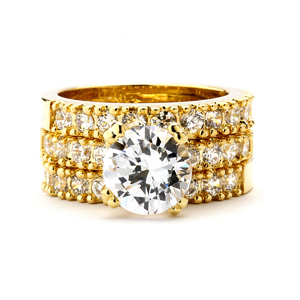 Premium CZ - 5-Ct CZ Engagement and Wedding Band Set - 14K Gold Plated