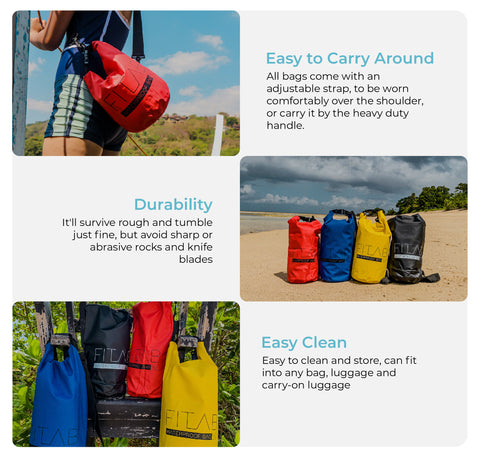 1. Easy to carry around - all bags come with an adjustable strap, to be worn comfortably over the shoulder, or carry it by the heavy duty handle. 2. Durability - it'll survive rough and tumble just fine, but avoid sharp or abrasive rocks and knife blades. 3. Easy Clean - Easy to clean and store, can fit into any bag, luggage and carry-on luggage.