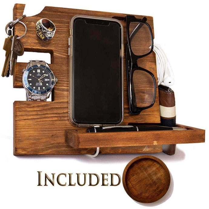 Kitchen wooden docking station for men and women nightstand organizer with coaster charges phone and holds keys watch wallet glasses ring pen coins perfect gift with varnish finish by peraco