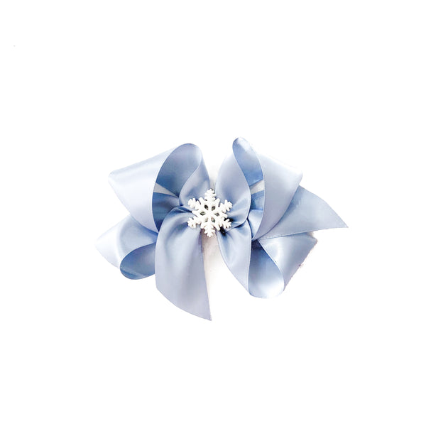 Snowflakes in medium blue on ice blue 5/8 single face satin ribbon