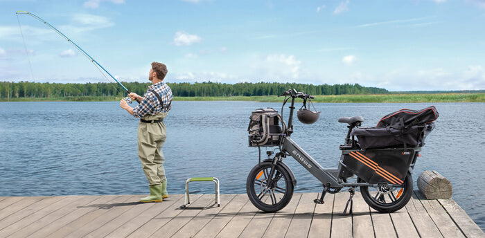 a man fishes next to an engwe le20 e cargo bike