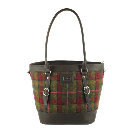 Kelly Tweed & Leather Tote Bag - Green and Pink Plaid