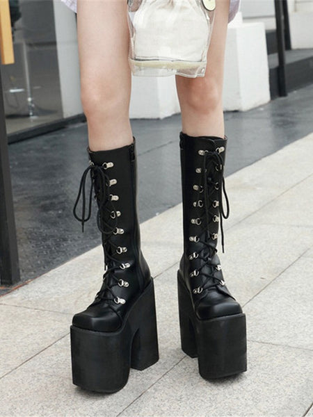 chunky tassels bandage knee high boots