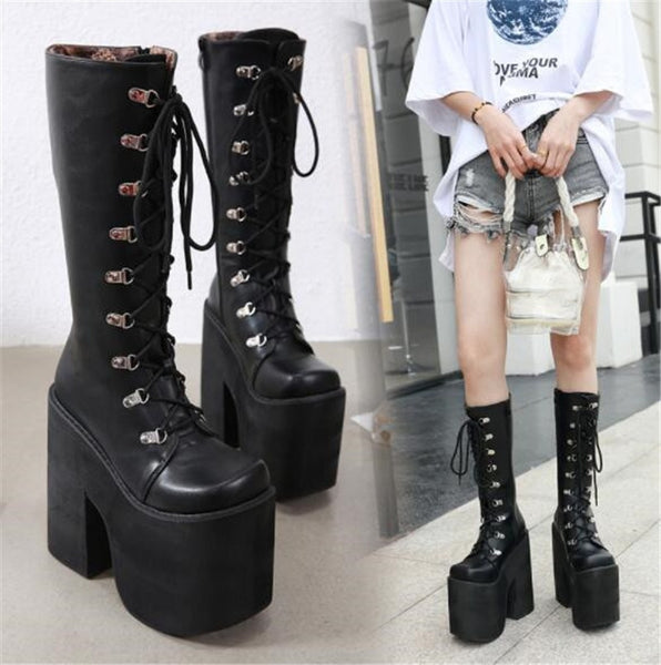 chunky tassels bandage knee high boots