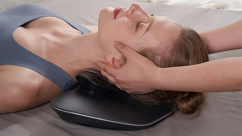 A state-of-the-art cervical traction device designed for neck pain relief and spine alignment. The Hypertrax features an ergonomic design with adjustable headrests, padded neck supports, and a digital control panel for customized settings. It is shown in use, with a person lying on a comfortable surface, the device gently stretching their neck to alleviate pain and improve posture.