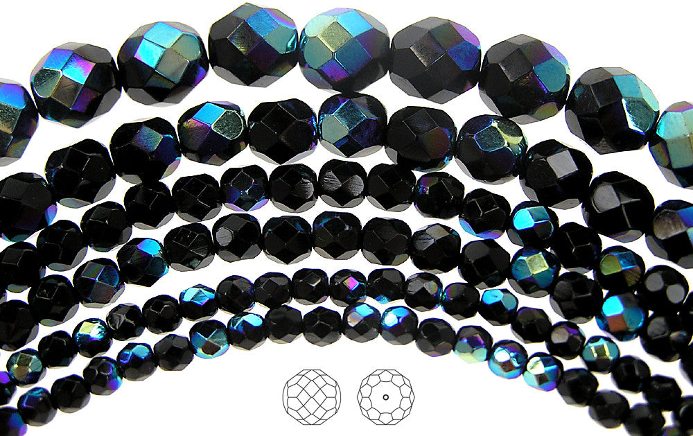 Jet Hematite fully coated, loose Czech Fire Polished Round Faceted Gla -  Crystals and Beads for Friends