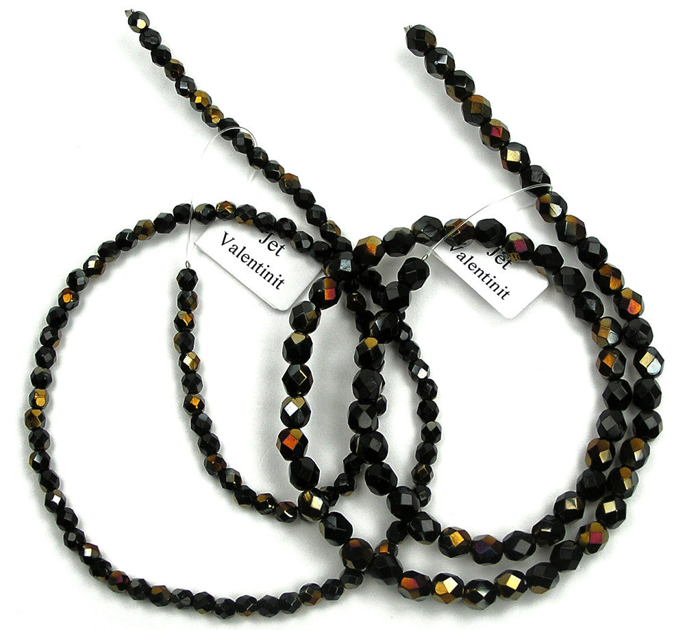 Jet Hematite fully coated Czech Fire Polished Round Faceted Glass Beads 16  inch strands or loose dark silver