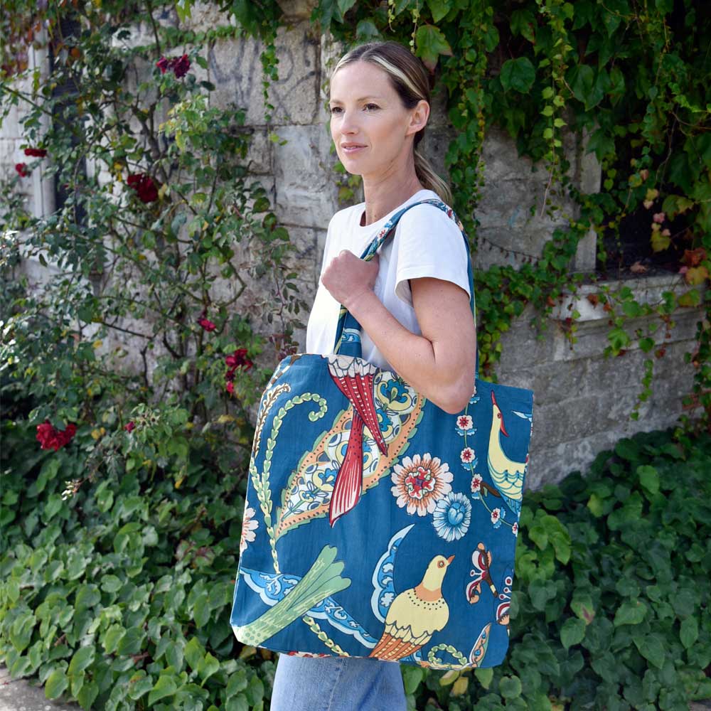 Image of Blue Floral Exotic Bird Cotton Canvas Tote Bag