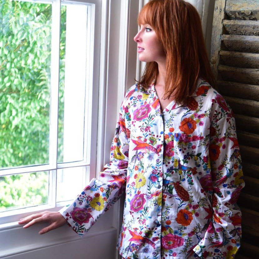 Women's Cotton Traditional Pyjamas in White with Hummingbird Print – THEIR  NIBS