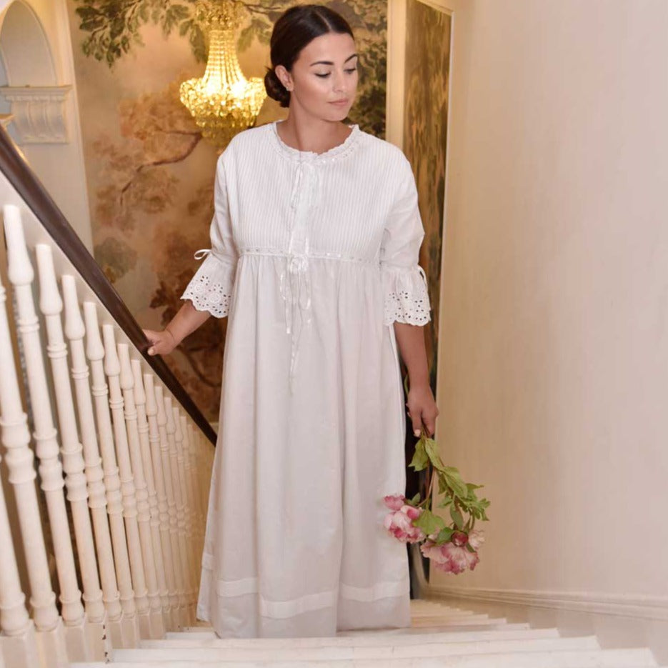 Eloise V Neck 3/4 Length Sleeve Nightdress With Lilac Embroidery