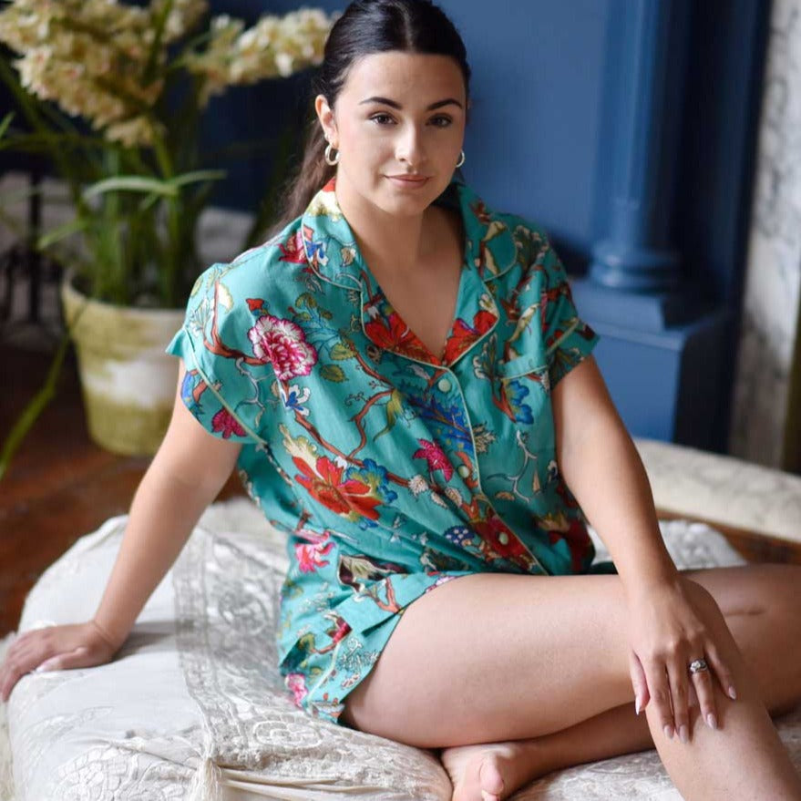 Image of Teal Exotic Flower Short Pyjama Set With Piping