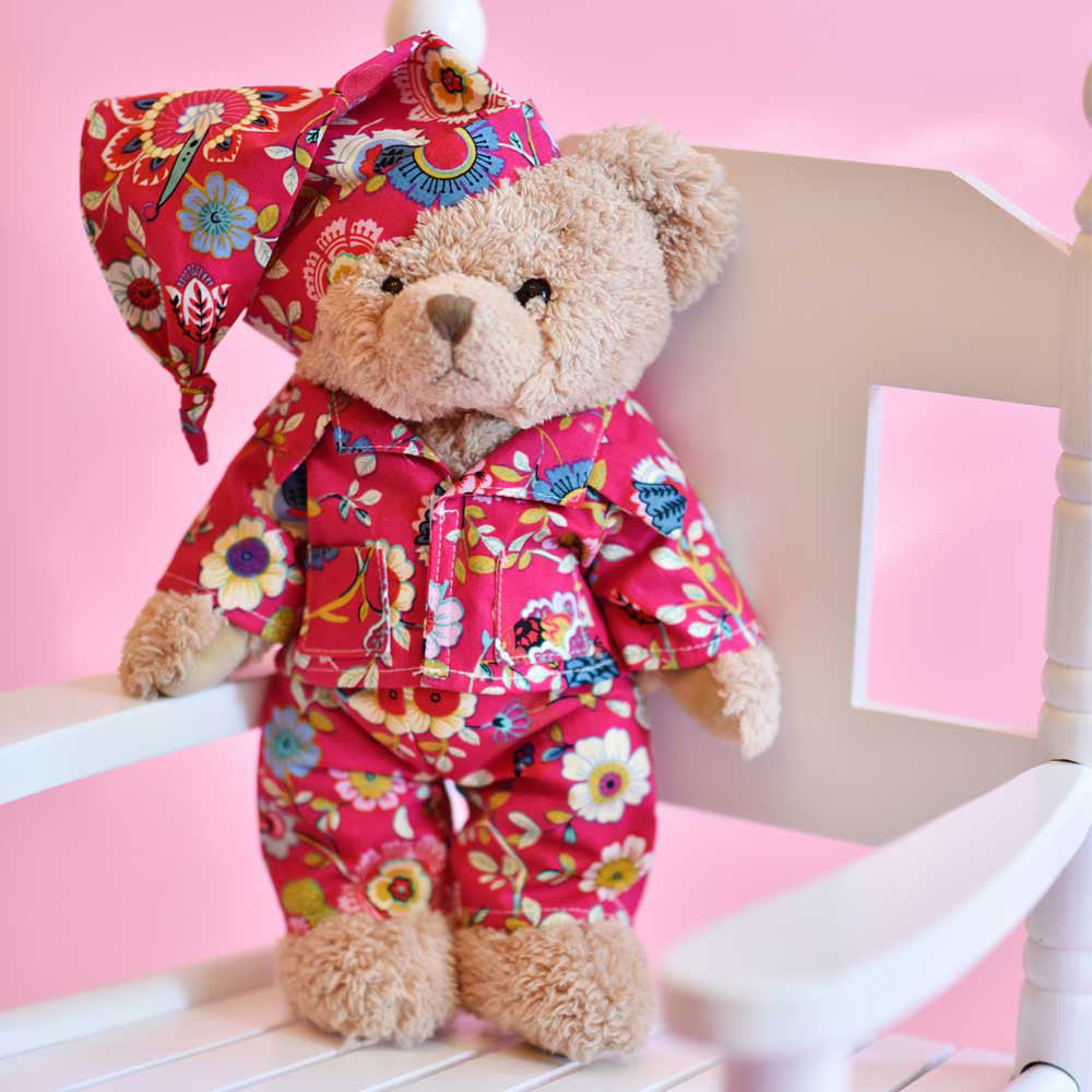 Image of Teddy Bear With Hot Pink Floral Pyjamas And Nightcap