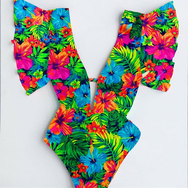 Sexy One Piece Swimwear Floral Deep-V Bathing Suit – MissFoxFashion