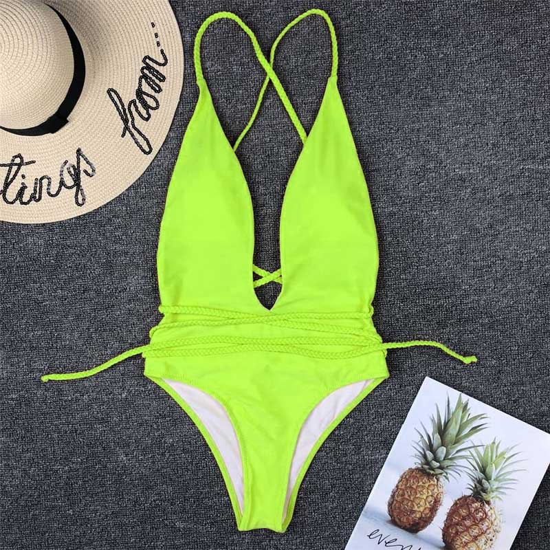 Halter Neon Deep V Swimsuit Missfoxfashion