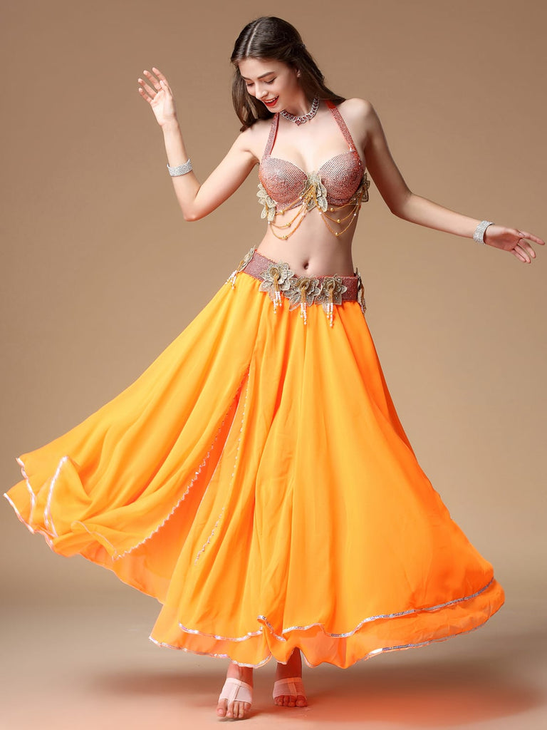 Orange belly dance dress with bright rhinestone design and flower belt –  MissFoxFashion