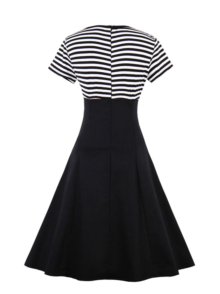 1940s Dress Patchwork Striped Short Sleeve Midi Dress – MissFoxFashion