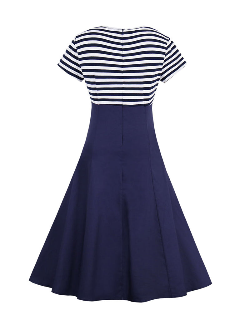1940s Dress Patchwork Striped Short Sleeve Midi Dress – MissFoxFashion