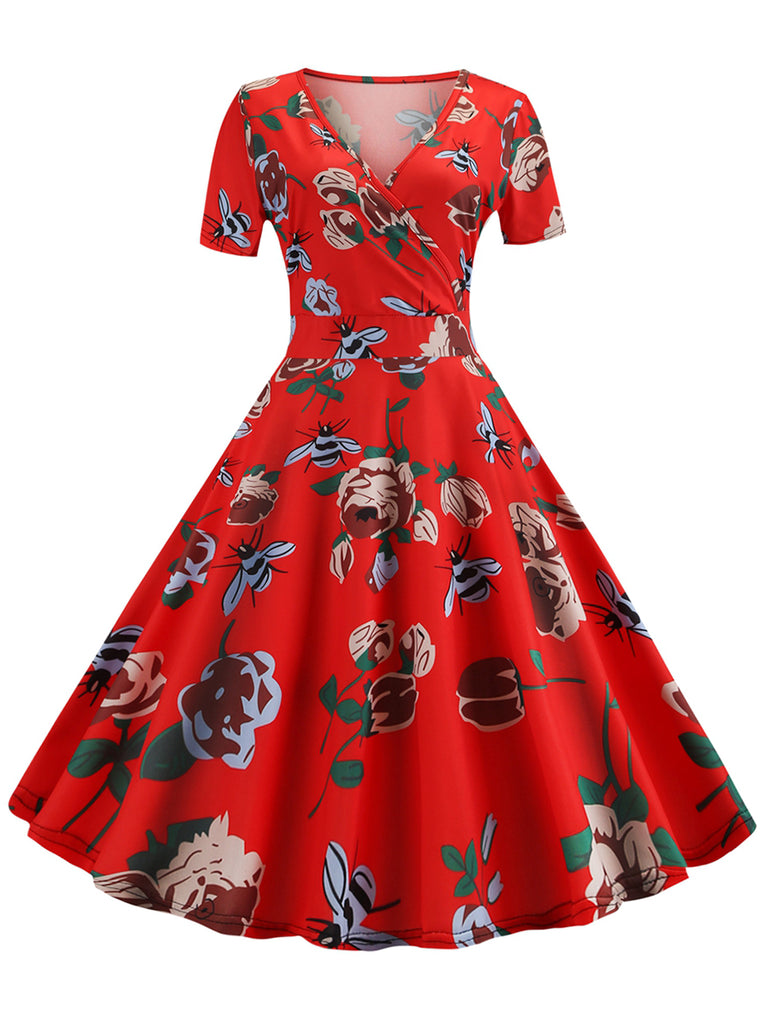 1950s Dress Deep V-neck Short-sleeved Floral Dress – MissFoxFashion