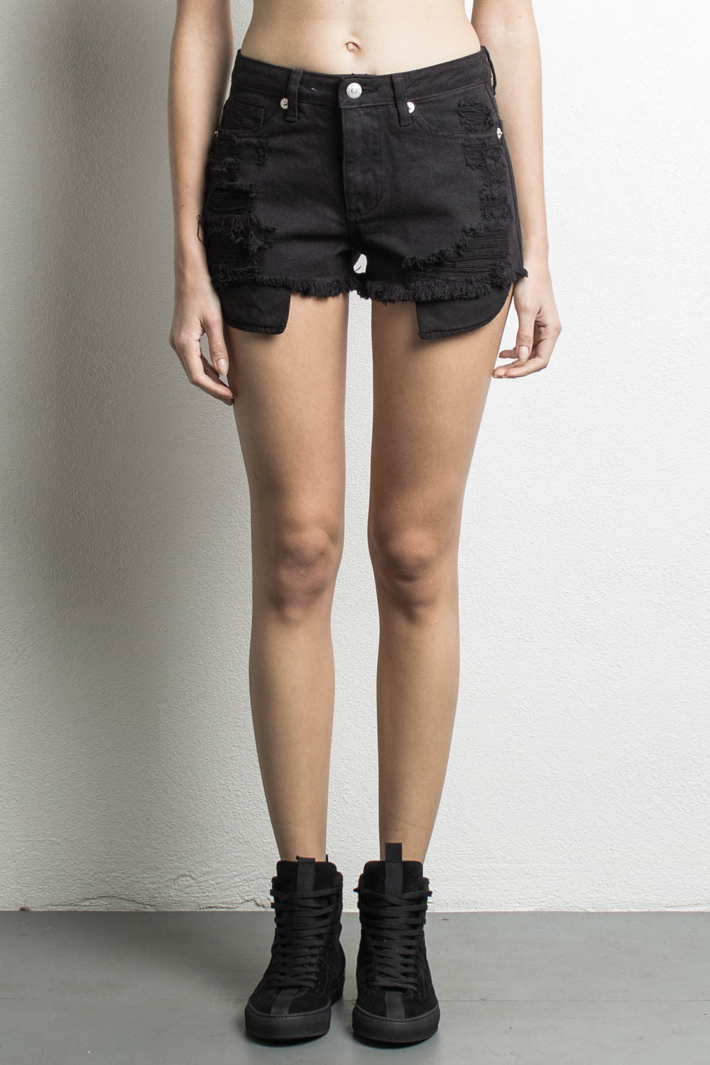 women's distressed black denim shorts