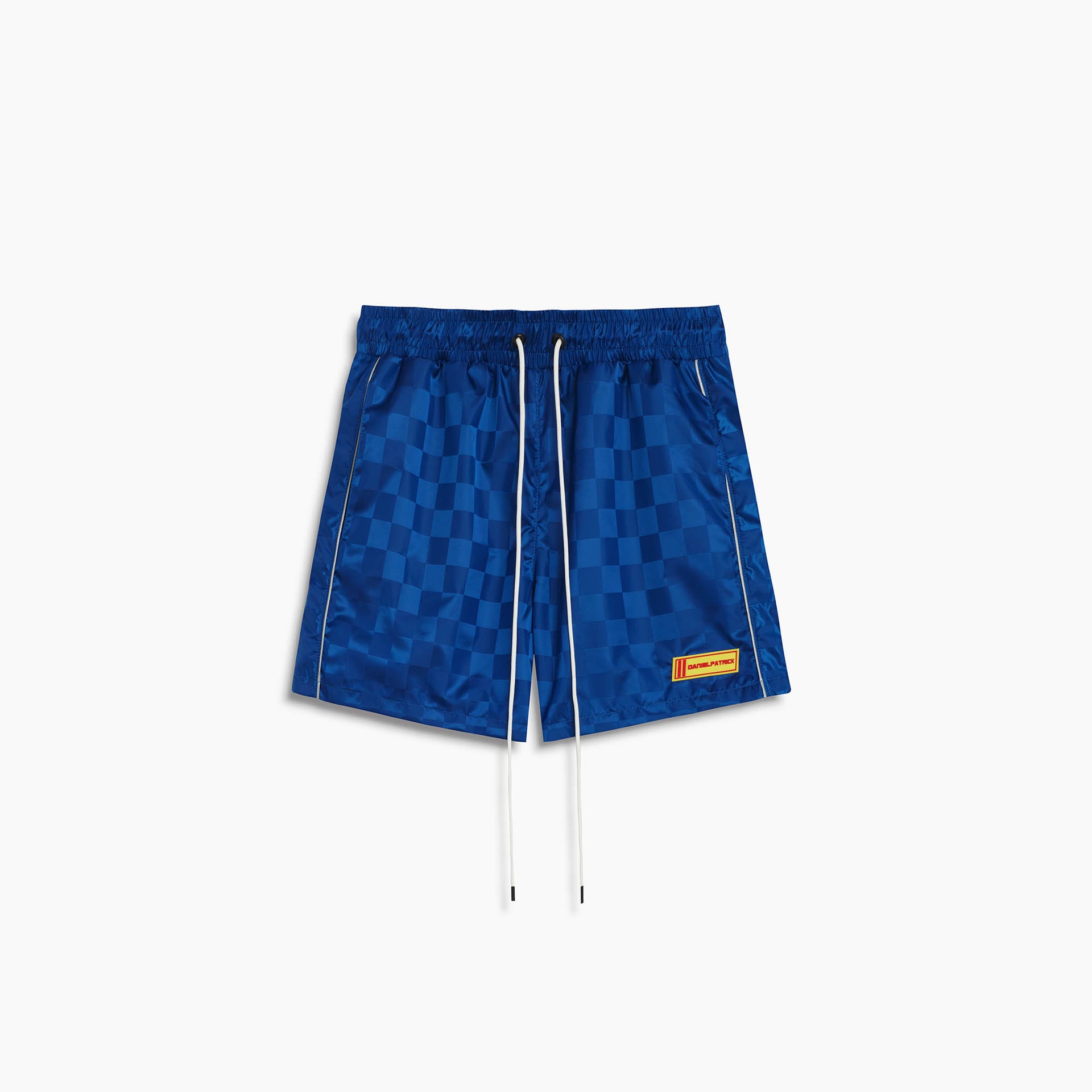men’s blue checkered trunk shorts with drawstring waist